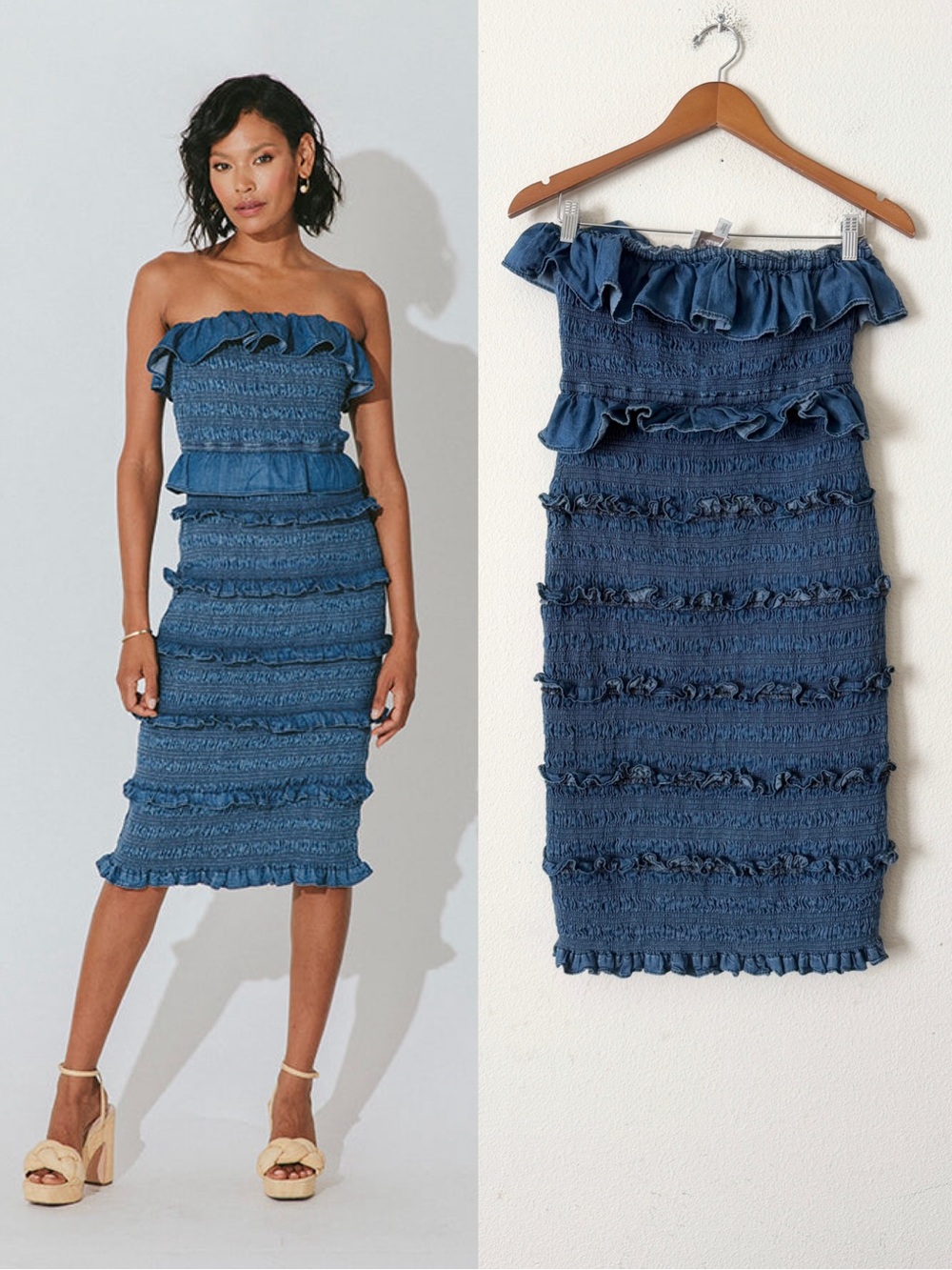 Cleobella SMALL Ezra denim blue smocked strapless midi dress